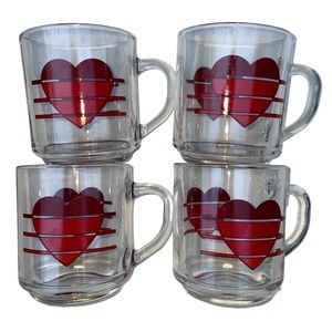 Vintage 80s Red Heart Clear Mugs Set of 4